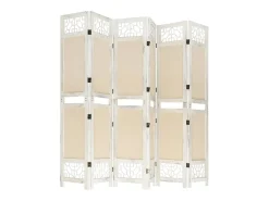 Biombo de 6 paneles Tejido Crema 210x165 cm