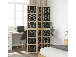 Biombo separador 3 paneles madera maciza Paulownia marrón negro ES416177