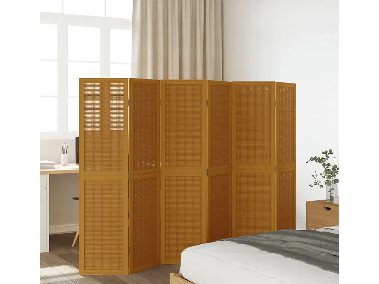 Biombo separador de 6 paneles madera maciza paulownia marrón ES625835