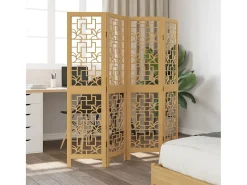 Biombo separador de 4 paneles madera maciza paulownia marrón ES596340