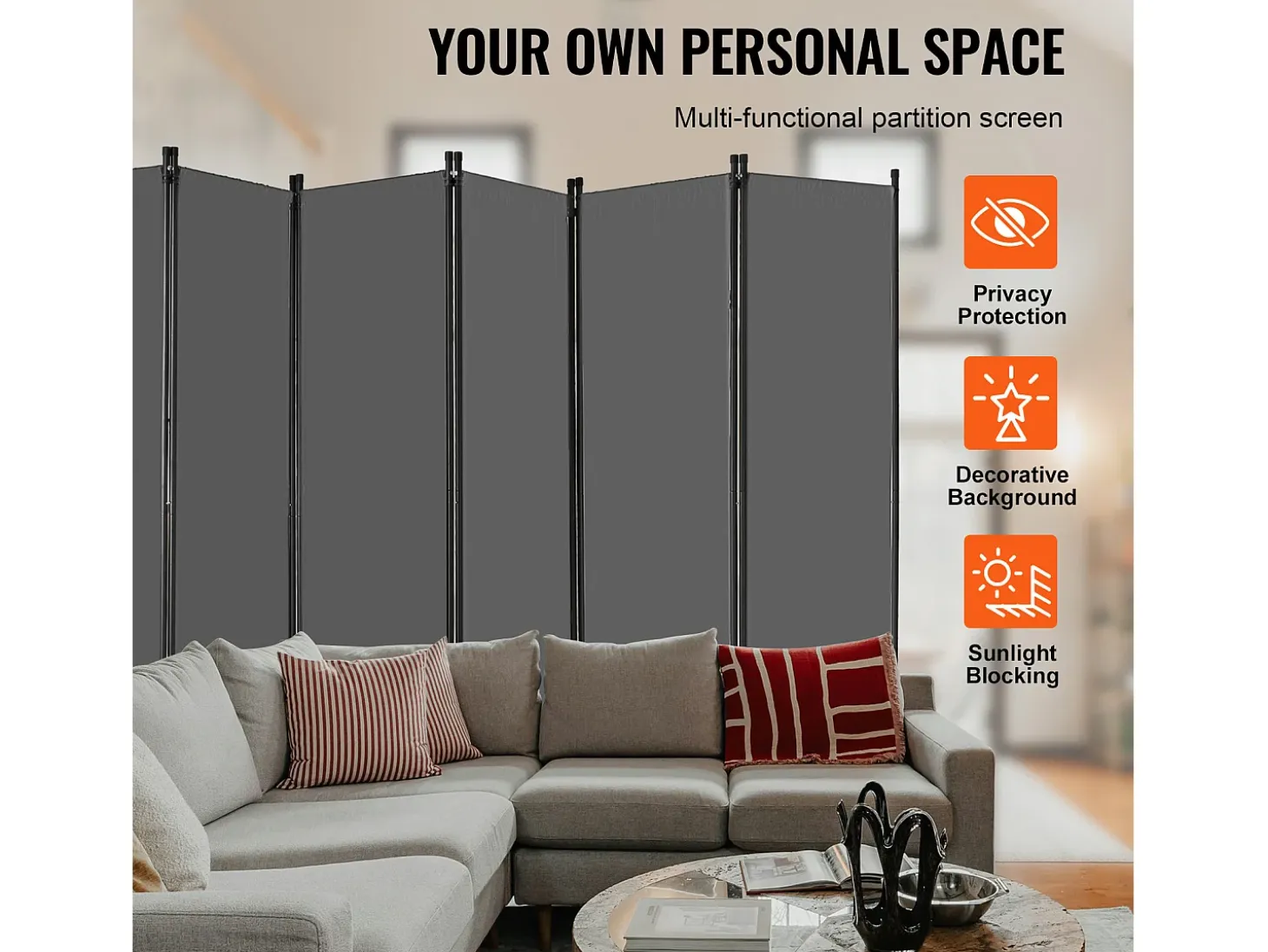 Biombo Separador De 6 Paneles SucceBuy, Pantalla De Privacidad De Tela Para Oficina, Dormitorio, Gris