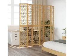 Biombo separador de 6 paneles madera maciza paulownia marrón ES718804