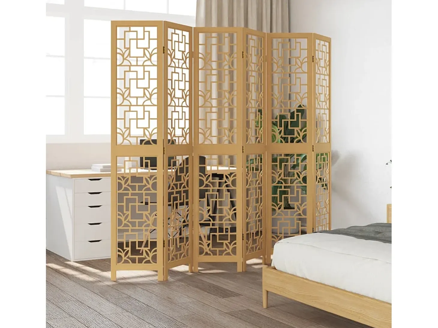 Biombo separador de 6 paneles madera maciza paulownia marrón ES692106