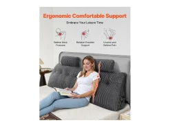 Cojín de Lectura SucceBuy, con 2 Bolsillos Laterales y 2 Reposacabezas, Almohada de Franela Lavable, Soporte Lumbar para Leer, Descansar, Gris