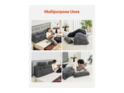 Cojín de Lectura SucceBuy, con 2 Bolsillos Laterales y 2 Reposacabezas, Almohada de Franela Lavable, Soporte Lumbar para Leer, Descansar, Gris