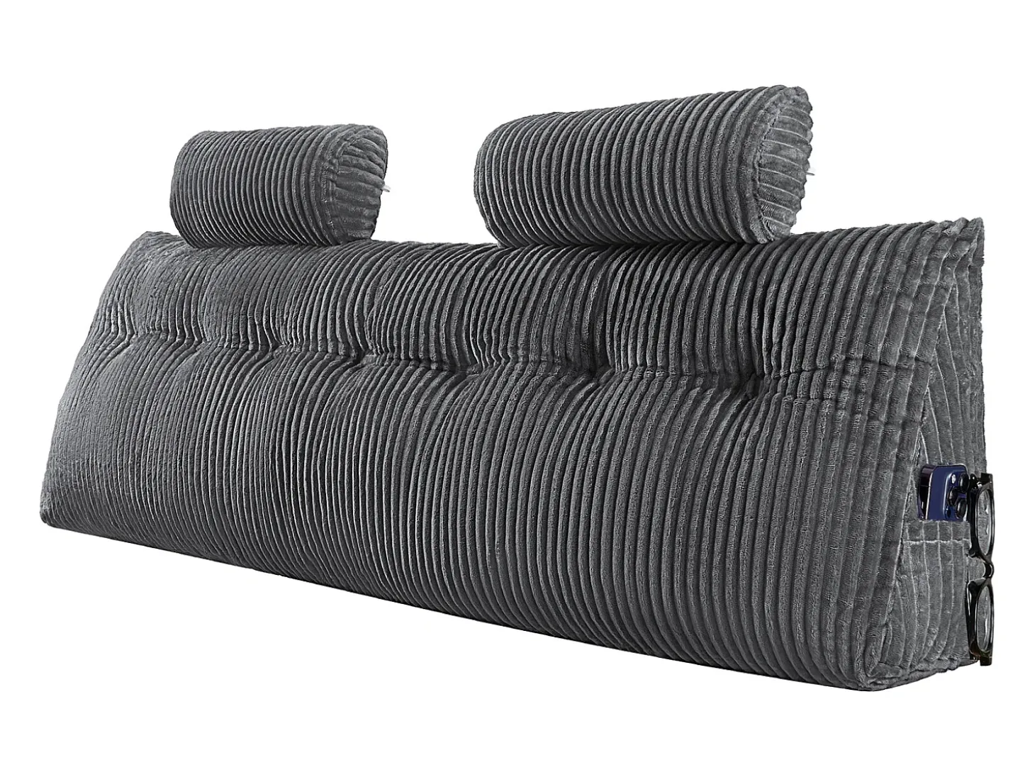 Cojín de Lectura SucceBuy, con 2 Bolsillos Laterales y 2 Reposacabezas, Almohada de Franela Lavable, Soporte Lumbar para Leer, Descansar, Gris
