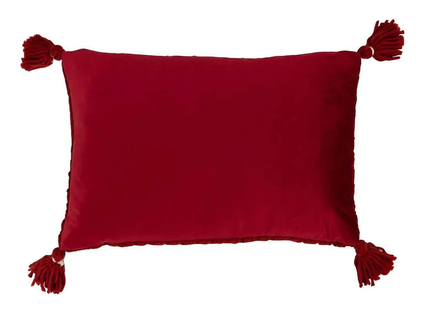 Cojín rectangular de ganchillo con flecos de acrílico rojo, 58 x 39 cm.