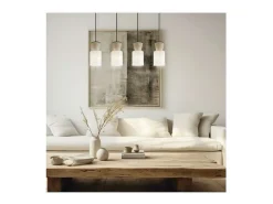 Colgante alargado 4 luces modelo Aosta acabado beige/madera, 30cm(alto) 85cm(ancho) 15cm(f
