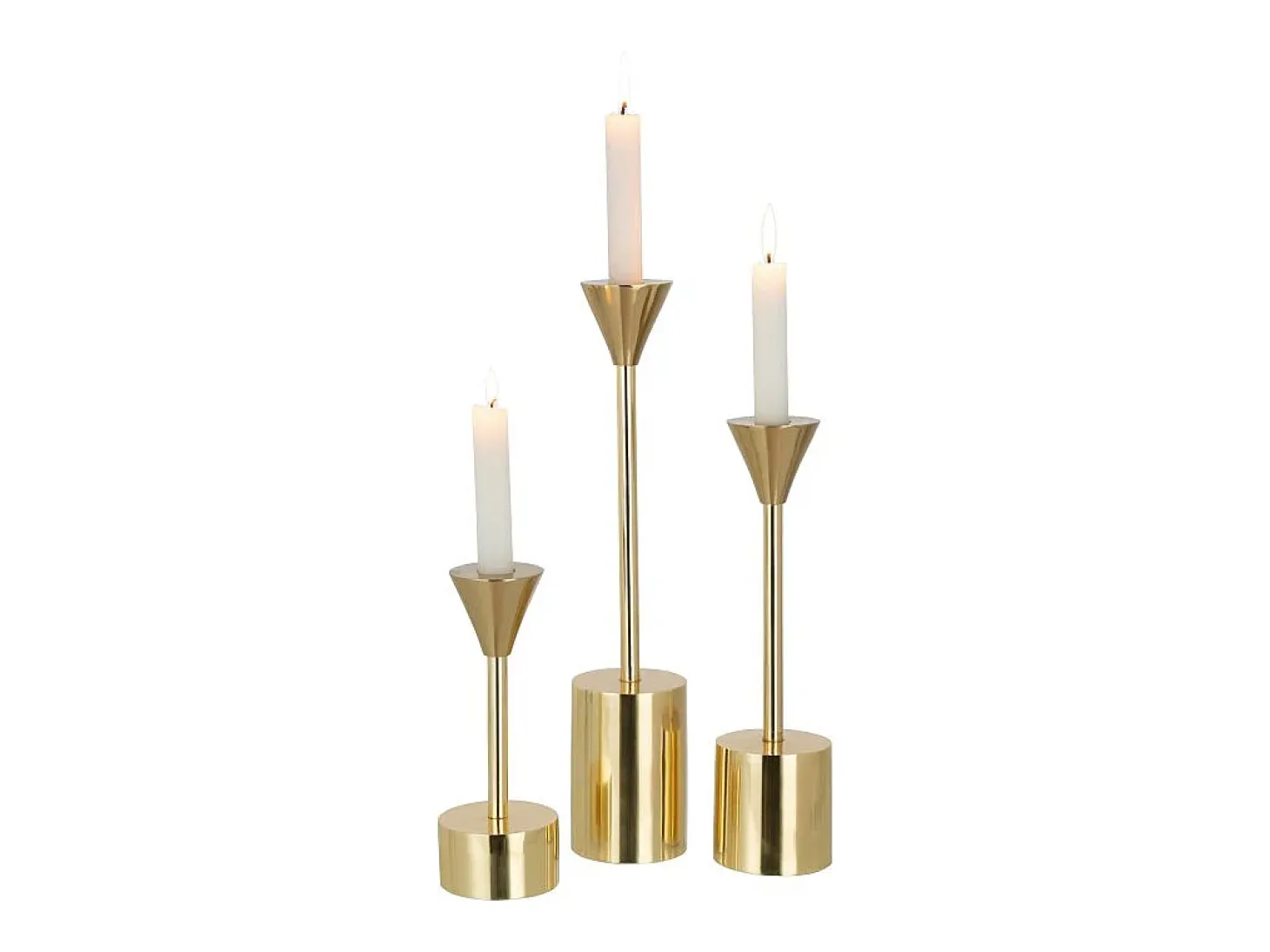 Conjunto de 3 candelabros de aluminio dorado de 7.5x7.5x37 cm
