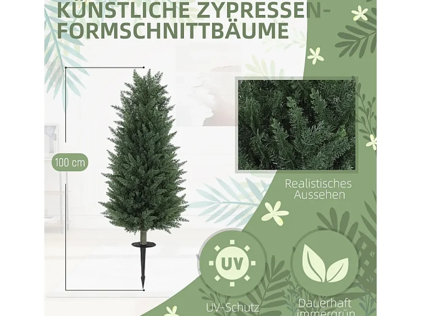Conjunto de 2 cipreses artificiales realistas con tutores, plástico verde (33x33x100cm)
