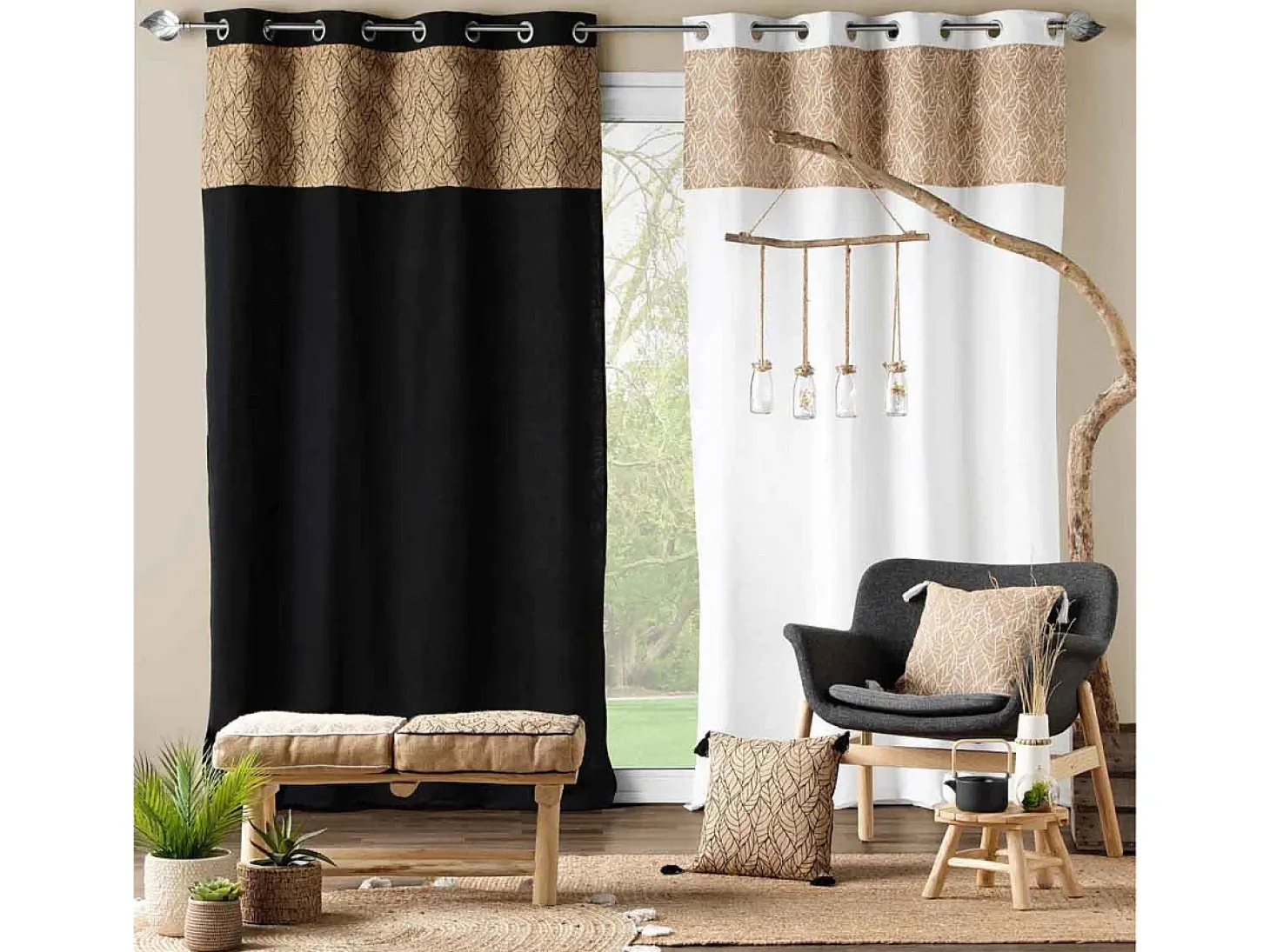 Cortina bi material con lona de yute estampada 140 x 240 cm