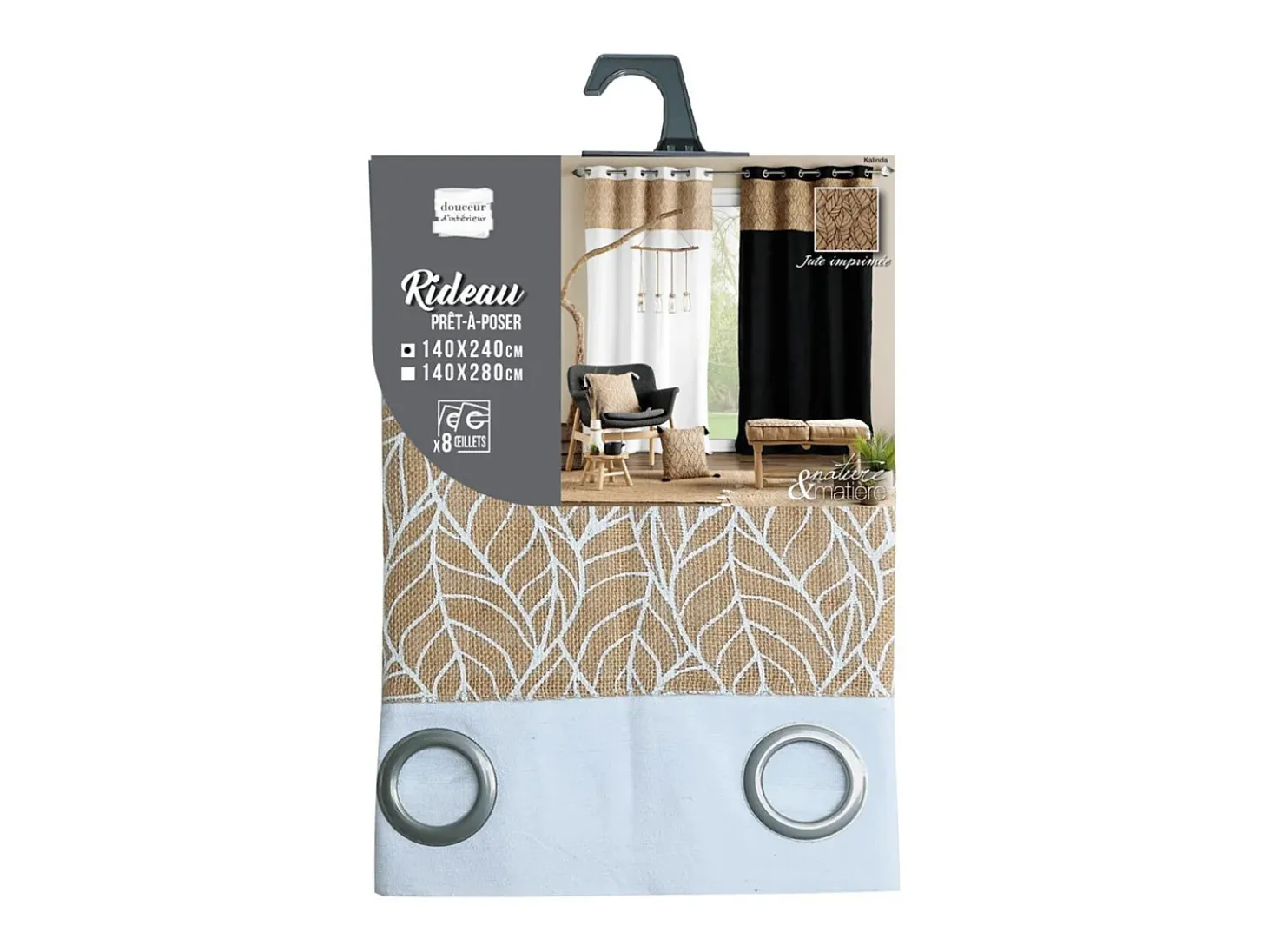 Cortina bi material con lona de yute estampada 140 x 240 cm