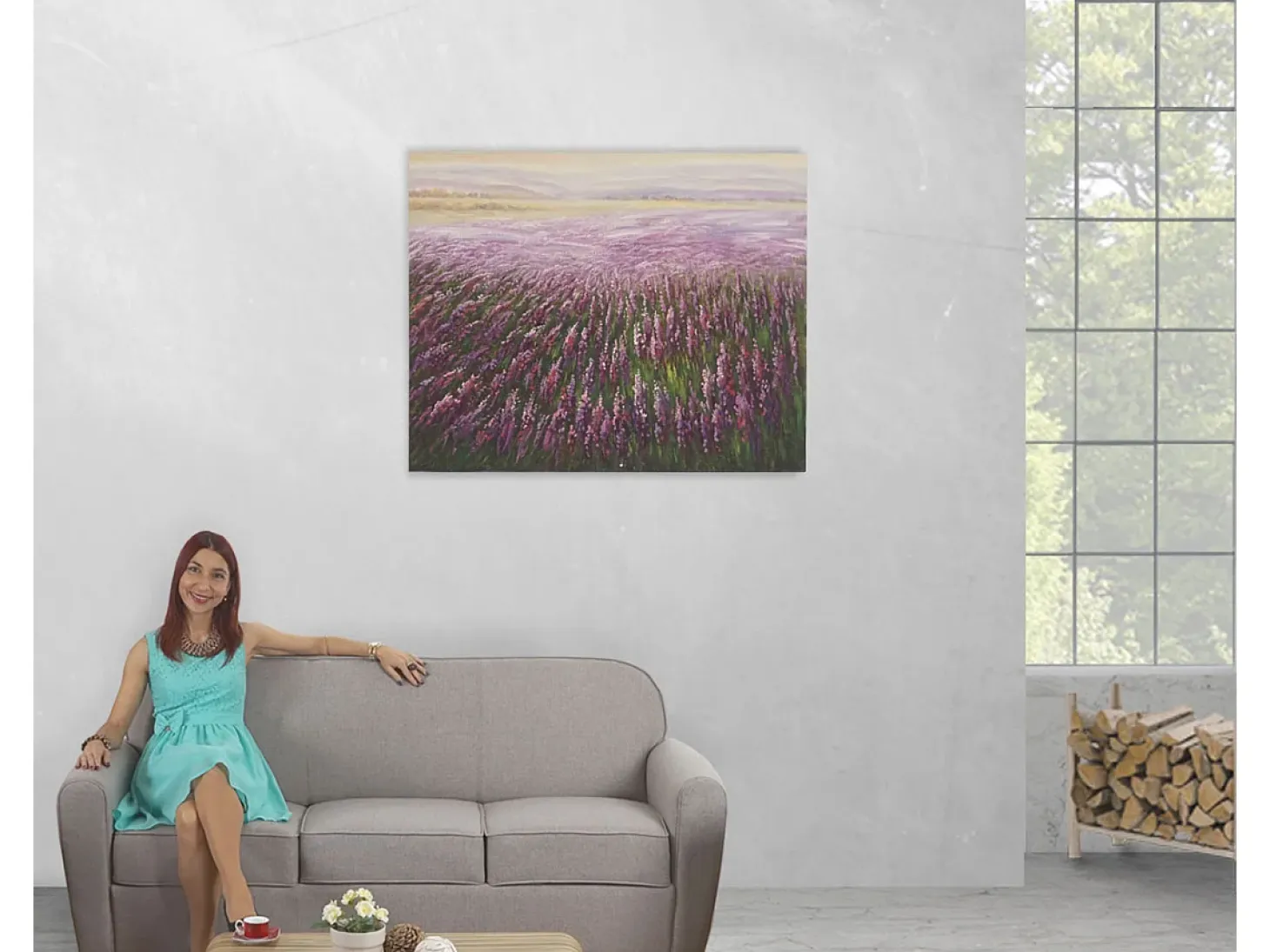 Cuadro al óleo campo de flores pintado a mano