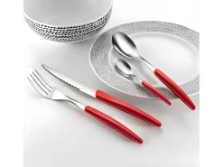 Cubertería de 24 piezas Lou Laguiole Montana Rouge - Mango de cristal rojo, hoja de acero inoxidable microdentada, diseño contemporáneo