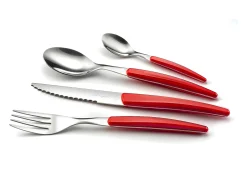 Cubertería de 24 piezas Lou Laguiole Montana Rouge - Mango de cristal rojo, hoja de acero inoxidable microdentada, diseño contemporáneo