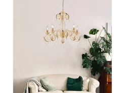 Damasco - Lámpara de hierro lacado marfil con decoración. Efecto decapé y acabados en oro antiguo con pedrería de cristal 5 luces 125 - Ø63