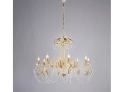 Damasco - Lámpara de hierro lacado marfil con decoración. Efecto decapé y acabados oro antiguo con pedrería de cristal 8 luces 130 - Ø90