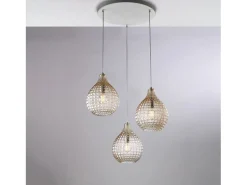 Diamante - Lámpara colgante blanca y cromo con cristal ámbar efecto diamante y cables orientables, 3 luces