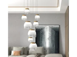 Drum Sosp. Tonda Bianco 8 Luci Vetri 5 Pic. + 3 Gr. Decoro Oro Opaco