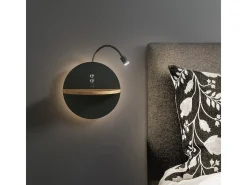 Dual - Aplique de pared con estante y luz LED 15W Fabas Luce Touch dimmer - Negro mate con USB integrado en madera