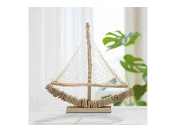 Escultura de velero en madera con red de tela 45x45x7cm Enok - Natural
