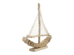 Escultura de velero en madera con red de tela 45x45x7cm Enok - Natural