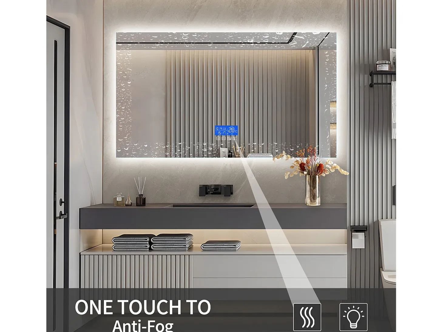 Espejo de baño con iluminación - 100 x 60 cm - Espejo de baño LED - con toque, antivaho, reloj, temperatura, regulable