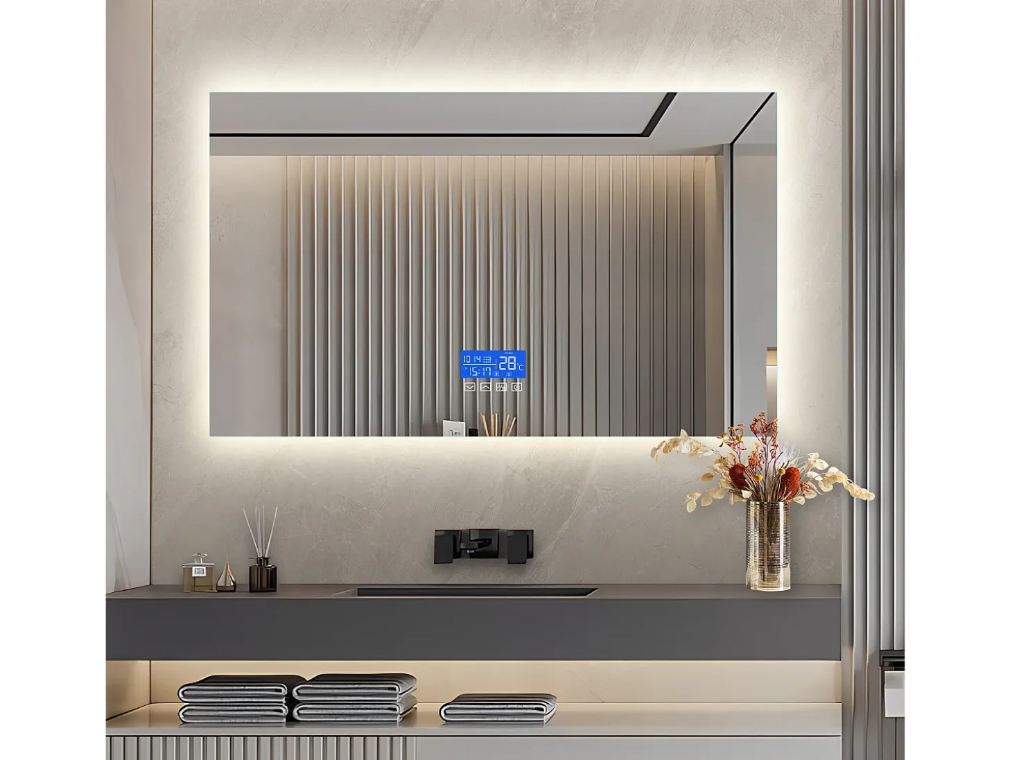 Espejo de baño con iluminación - 100 x 60 cm - Espejo de baño LED - con toque, antivaho, reloj, temperatura, regulable