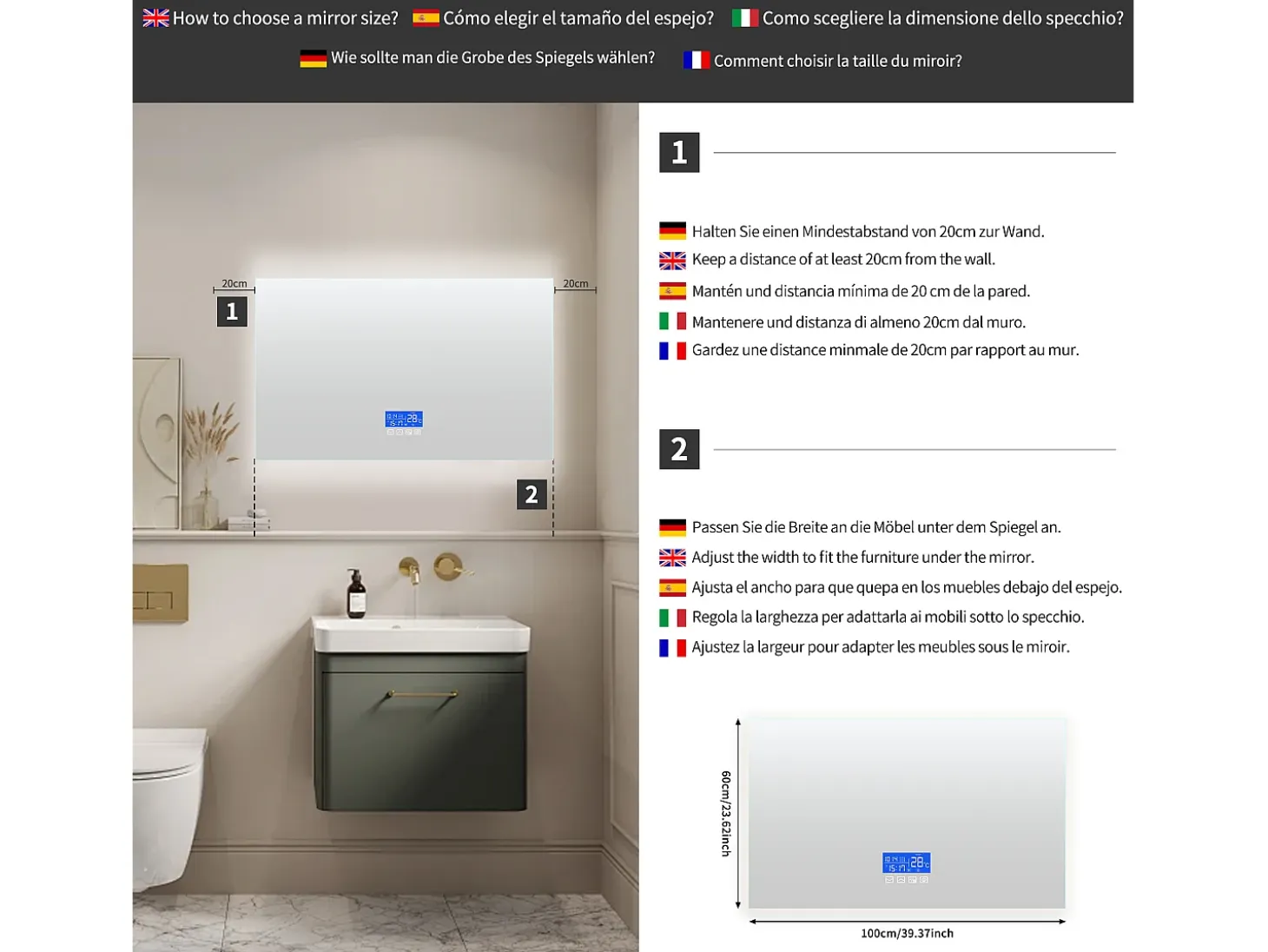 Espejo de baño con iluminación - 100 x 60 cm - Espejo de baño LED - con toque, antivaho, reloj, temperatura, regulable