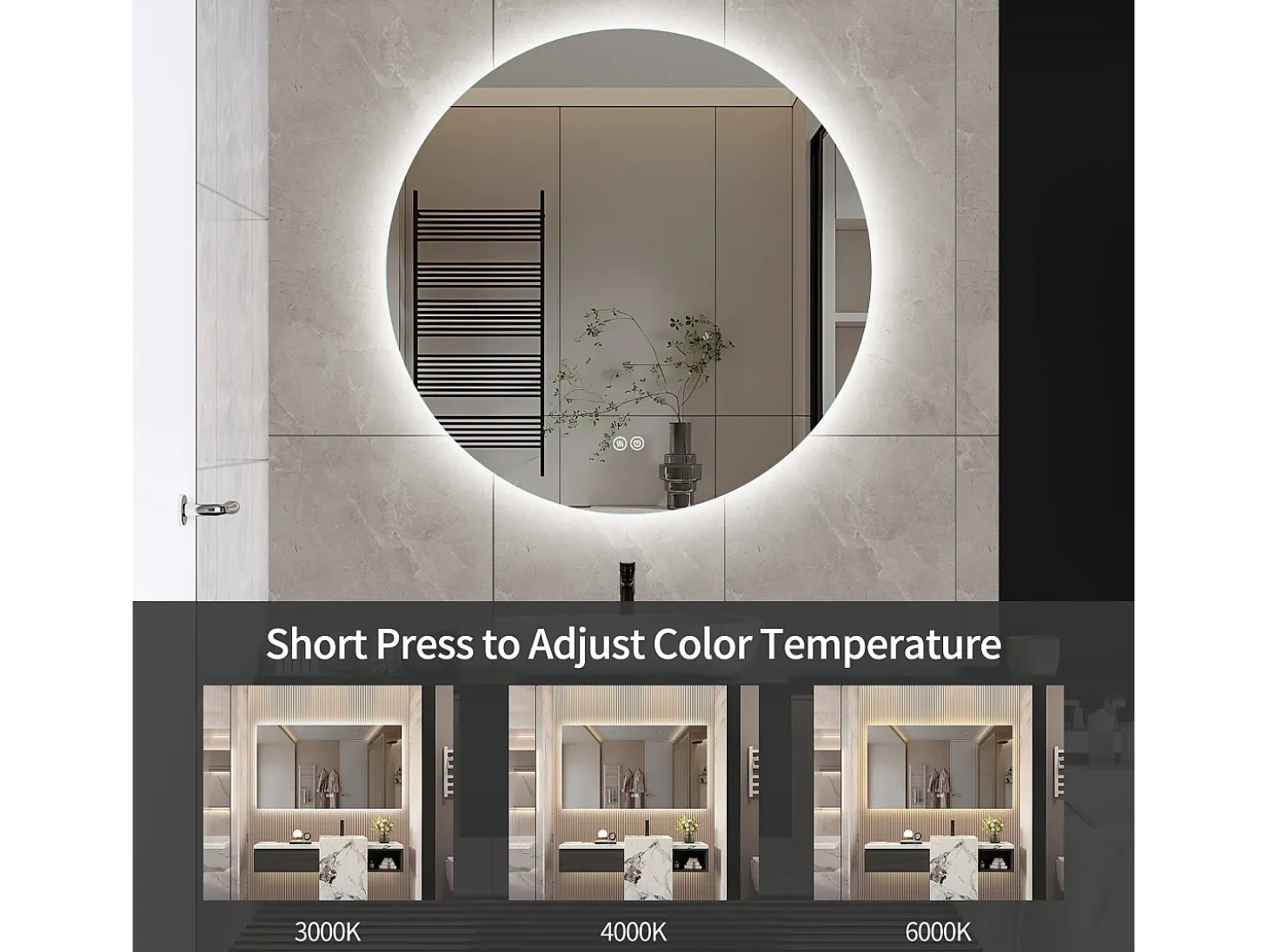 Espejo de Baño con Iluminación - Redondo Ø80 cm - Espejo de Baño LED - con Antivaho y 3 Colores Cambiantes