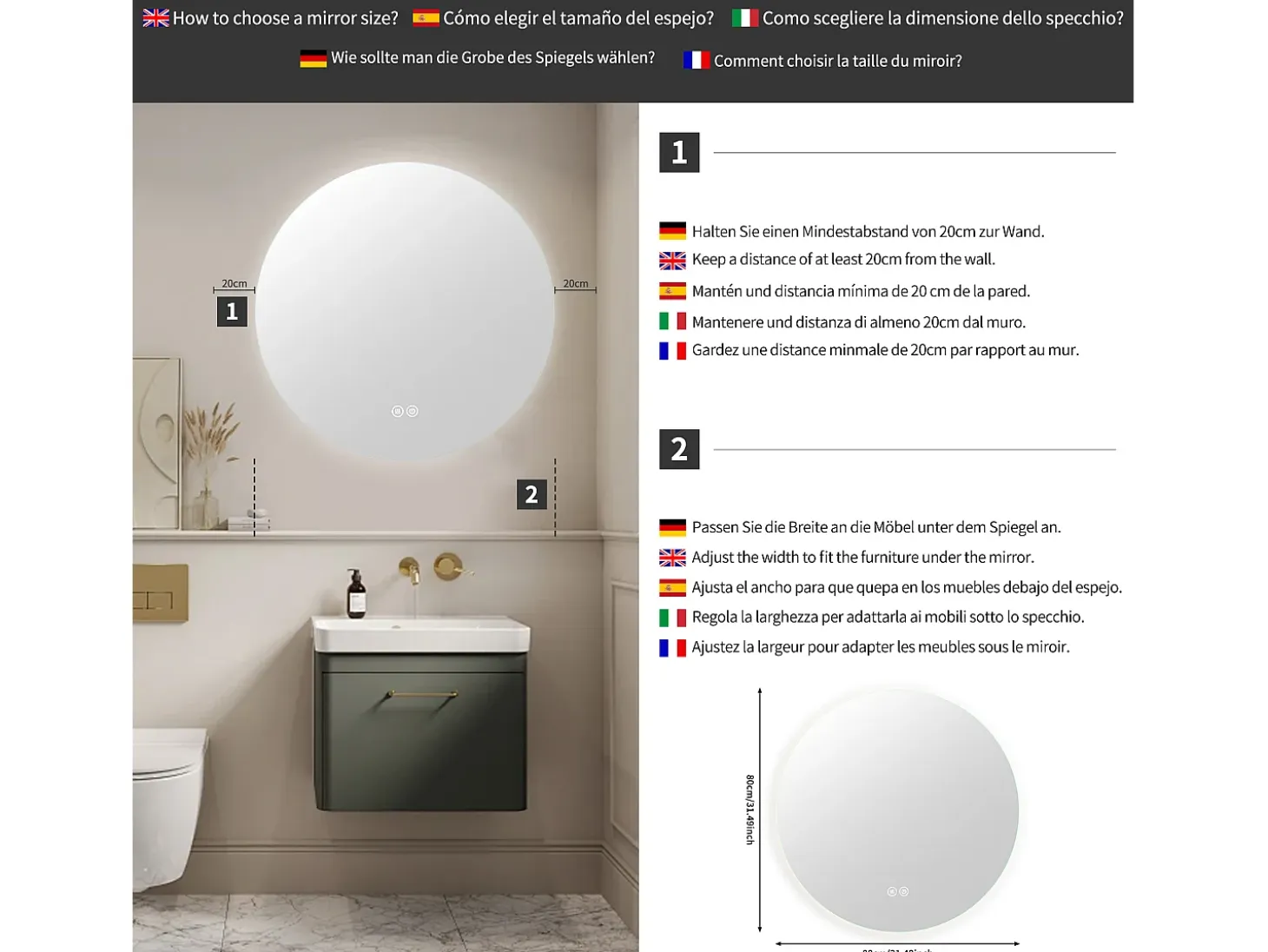 Espejo de Baño con Iluminación - Redondo Ø80 cm - Espejo de Baño LED - con Antivaho y 3 Colores Cambiantes