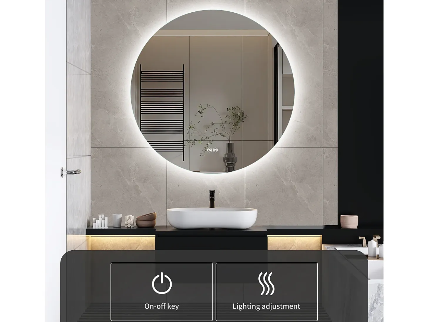 Espejo de Baño con Iluminación - Redondo Ø80 cm - Espejo de Baño LED - con Antivaho y 3 Colores Cambiantes