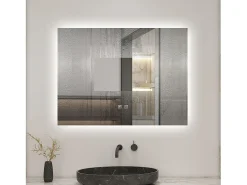 Espejo de baño con LED,80 x 60 cm, con iluminación LED de tres colores,rectangular, función antivaho, memoria de apagado y brillo ajustable.