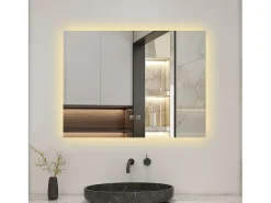 Espejo de baño con LED,80 x 60 cm, con iluminación LED de tres colores,rectangular, función antivaho, memoria de apagado y brillo ajustable.