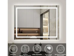 Espejo de baño con Led,80 x 60 cm, luz blanca, rectangular, Con función antivaho, memoria agapada, brillo ajustable.