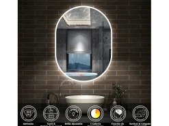 Espejo de baño con Led,50 x 100 cm, Luz led con tres colores,Con función antivaho, memoria agapada, brillo ajustable.