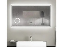 Espejo de baño con Led,140 x 80 cm, Luz led con tres colores,Con función antivaho,reloj digital, bluetooth y Lupa de aumento 3x.