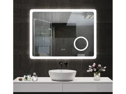 Espejo de baño con Led,80 x 60 cm, Luz led con tres colores,Con función antivaho, bluetooth y Lupa de aumento 3x.