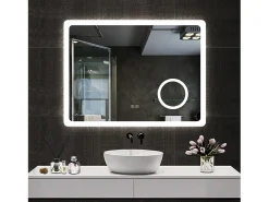 Espejo de baño con Led,80 x 60 cm, Luz led con tres colores,Con función antivaho, bluetooth y Lupa de aumento 3x.