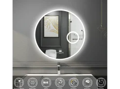 Espejo de baño con Led,70 x 70 cm, Luz led con tres colores,Con función antivaho, bluetooth , reloj digital.
