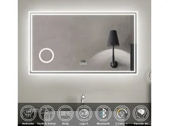 Espejo de baño con Led,120 x 70 cm, Luz led con tres colores,Con función antivaho,reloj digital, bluetooth y Lupa de aumento 3x.