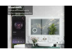 Espejo de baño con Led,120 x 70 cm, Luz led con tres colores,Con función antivaho,reloj digital, bluetooth y Lupa de aumento 3x.