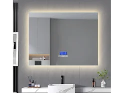 Espejo de baño de 100 x 80 cm, LED con altavoz Bluetooth, iluminación regulable, antivaho y pantalla de temperatura.
