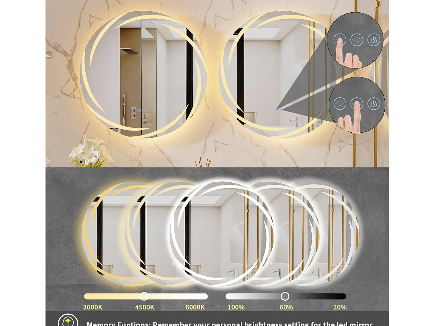 Espejo de baño de pared, espejo conectado LED, espejo antivaho iluminado, espejo de tocador con 3 pantallas táctiles, 80x80cm