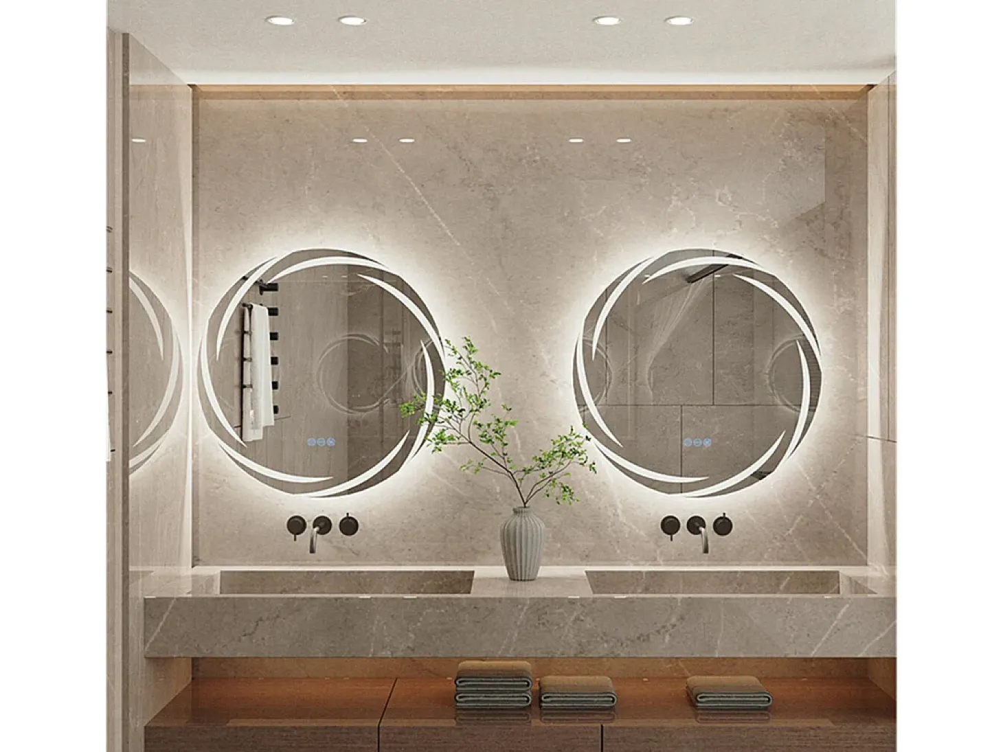 Espejo de baño de pared, espejo conectado LED, espejo antivaho iluminado, espejo de tocador con 3 pantallas táctiles, 80x80cm
