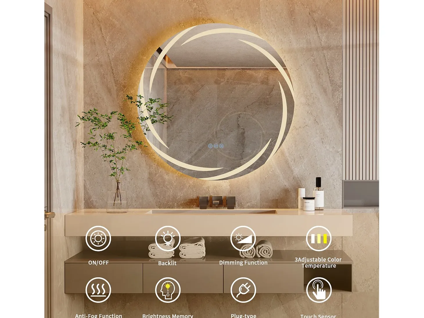 Espejo de baño de pared, espejo conectado LED, espejo antivaho iluminado, espejo de tocador con 3 pantallas táctiles, 80x80cm