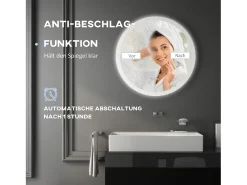 Espejo de baño iluminado con función antivaho, 3 colores de iluminación, IP44, cristal y metal, blanco (Ø70x3 cm)