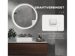 Espejo de baño iluminado con función antivaho, 3 colores de iluminación, IP44, cristal y metal, blanco (Ø70x3 cm)