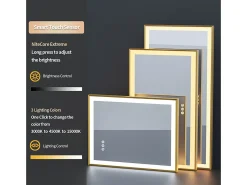 Espejo de baño iluminado LED antivaho con marco dorado 80x60x4cm