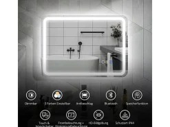 Espejo de baño LED con Bluetooth, 3 colores de luz, función de memoria, plateado (70 x 50 x 3,5 cm)